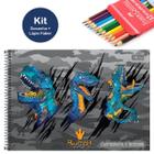 Caderno de Desenho Capa Dura Raptor Dinossauro Tilibra 80fls + Lápis de Cor Faber Ecolápis 12 Cores Escolar Infantil