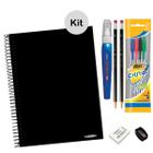 Caderno Universitário 10m 200 folhas capa dura Preto com Kit Caneta Lápis Borracha Corretivo Volta as Aulas Escolar