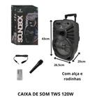 Caixa de som 120Rms, grande 43 cm, Rodinhas, alça Rádio FM Bluetooth Controle Karaokê - Goldenultra