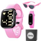 Caixa + relogio digital prova dagua rosa barbie + oculos sol presente menina esportivo criança data