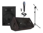 Caixa Som Ativa E Passiva + Microfone Lyco Pedestal Karaoke Lazer Voz Loja Gourmet Forte Home Bar Área