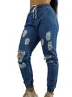 Calça Feminina Jeans Jogger C/ Elástico Rasgada Blogueira C35