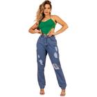 Calça Feminina jeans Mom Detalhes Rasgado e Cintura Alta com Bolso Linha Premium