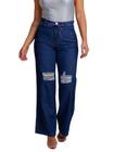 Calça Feminina Jeans Wide Leg Cordão Ametista Destroyed