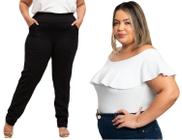 Calça Feminina Social De Malha Gourgurão Cos Alto C/ Elástico Para Senhoras + Body Bori Feminino Plus Size Ombro a Ombro Manga Cavado