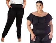 Calça Feminina Social De Malha Gourgurão Cos Alto C/ Elástico Para Senhoras + Body Bori Feminino Plus Size Ombro a Ombro Manga Cavado