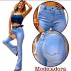 Calça Flare Modeladora Jeans Feminina Cintura Alta Com Lycra