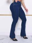 Calça jeans fem cos alto flare pinça frontal levanta bumbum laycra