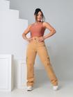 Calça Jeans Feminina Bege Escuro Cargo Bolsos Laterais Wide Leg Tecido Premium Ref: 0002