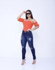 Calça jeans Feminina Escura Rasgada Skynni Cos Alto