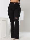 Calça Jeans Feminina Flare Lycra Preto Destroyed nos Joelhos Tecido Premium Ref: 0036