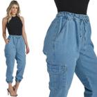 Calça Jeans Feminina Jogger HNO Bolso Lateral Azul Claro