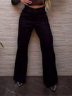 Calça jeans feminina premium wide leg preta com brilho e bolso falso strass