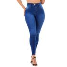 Calça Jeans Feminina Skinny Azul Médio Com Botão Em Cobre