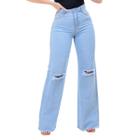 Calça Jeans Feminina Wide Leg 100% Delave com Rasgo no Joelho