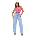 Calça Jeans Feminina Wide Leg Aplicado Pedrarias de Strass Incolor Estonada Cintura Alta Linha Premium Delave Estilo Bloqueira