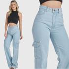 Calça Jeans HNO Jeans Wide Leg Cargo Hot Pant Bolso Lateral Azul Claro