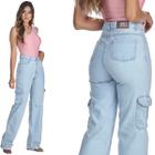 Calça Jeans HNO Wide Leg Cargo Hot Pants Azul Claro