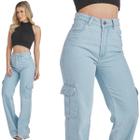 Calça Jeans HNO Wide Leg Cargo Hot Pants Azul Claro