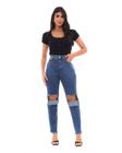 Calça Jeans Mom Feminina Cintura Alta Detalhe Ilhós e Rasgo 20934 Unica