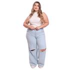 Calça Jeans Plus Size Feminina Wide Leg Clara Lavada Rasgada Joelho com Sem Elastano Ref: 2635
