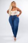 Calça Jeans Plus Size Reta Bolsos Cintura Alta