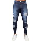 Calça Jeans Skinny Destroyed Rasgada Azul Escuro Masculina