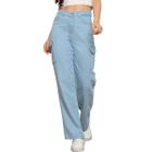 Calça Jeans Wide Leg Delavê Feminina Bolsos Cargo