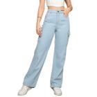 Calça Jeans Wide Leg Feminina Cintura Alta Bolsos Cargo Tendência Casual