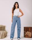 Calça Jeans Wide Leg Feminina Cintura Alta com Bolso Cargo 22186 Média