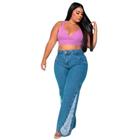 Calça Jeans Escuro Wide Leg Versão Destroyed Pantalona Plus Size