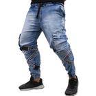 Calça Jogger Masculina JEANS AZUL Com Fitas BRANCA PLUS SIZE