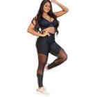 Calça Legging Feminina Fitness Recorte Tule Preto Suplex