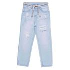 Calça Mom Fit Menina Mania Kids em Jeans com regulagem interna e detalhes em destroyed