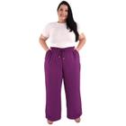 Calça Plus Size Estilo Pantalona Feminina Cintura Alta Dunas Tendencia Wid Leg Elástico Cós