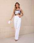 Calça Sarja Wide Leg Feminina Cintura Alta Cós Duplo 23559 Branco