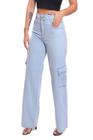 calça wide leg cargo feminina cintura alto jeans clara sem lycra com 6 bolso Ref: 046
