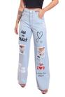 calça wide leg feminina cinto alto jeans clara estampada sem lycra Ref: 041
