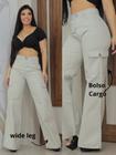 Calça Wide Leg feminina Faraya Jeans Bege/Caqui Cargo Bolso do lado Premium cintura alta Básica Pantalona