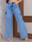 Calça Wide Leg Marmorizada Feminina Jeans Cargo bolso do lado Premium cintura alta Pantalona folgada