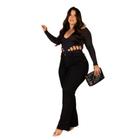 Calça Wide Leg Plus Size Preta Cintura Alta Feminina Flare