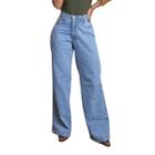 Calça wide lega jeans cintura alta barra grossa pantalona azul escuro