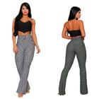 Calça Xadrez Fler Feminina Cintura Alta Calça Flare Com Bolso Atraz