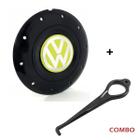 Calota Centro Roda Ferro VW Amarok Aro 13 14 15 4 Furos Preta Brilhante Emblema Amarelo + Chave de R