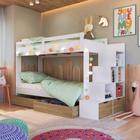 Cama Beliche Infantil Bicama Menino Menina 2,32m com Escada, Nichos e Gavetas com Rodas Branco com Aveiro Oak