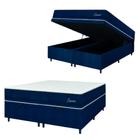 Cama Box Baú Casal King Colchão Molas Ensacadas Lamore 193x203x73cm Azul Veludo/ Malha Branca Hellen - Suporta até 110kg por Pessoa