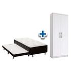 Cama Box Solteiro Conjugado Ortobom Black c/ Auxiliar + Armário Multiuso Margarida Branco