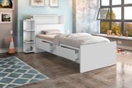 cama de solteiro para quarto com baú prateleira lateral com 2 gavetas corrediças telescópica na cor branca