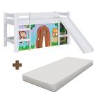 Cama Elevada Infantil Solteiro Com Colchão Escorregador Branco E Cortina Estampada Zoo 93 x 202 cm Zimo Shop - SHOP JM