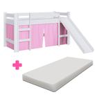 Cama Elevada Infantil Solteiro Com Colchão Escorregador Branco E Cortina Rosa 93 x 202 cm Zimo Shop